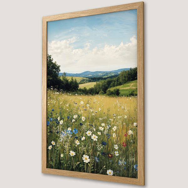 Framed Poster: Meadow landscape art print in warm tones, featuring wildflowers, trees, and rolling hills. Perfect for nature lovers.