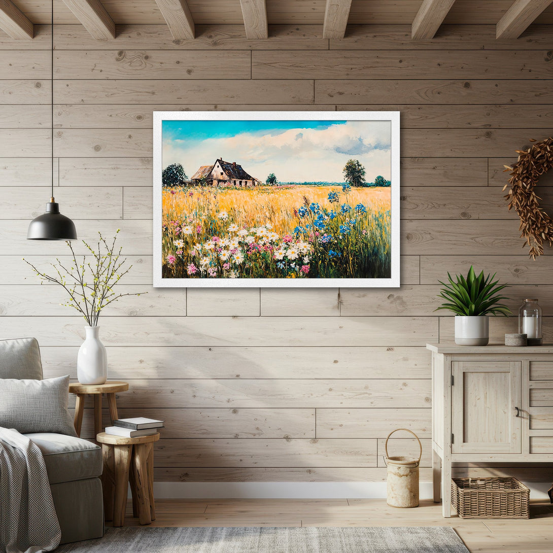 Framed Poster of a picturesque landscape painting with a farmhouse, wildflowers, and a warm color palette. Perfect wall art for a cozy home.