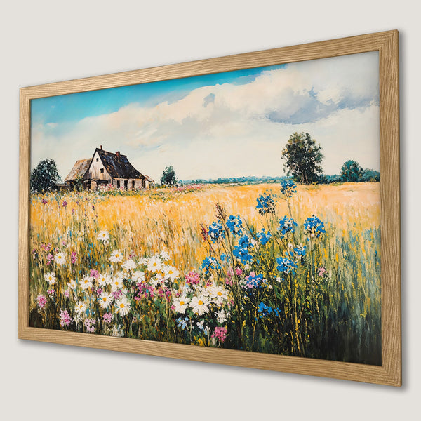 Framed Poster of a vibrant landscape painting with a farmhouse, wildflowers, and a warm color palette. Perfect wall art for any room.