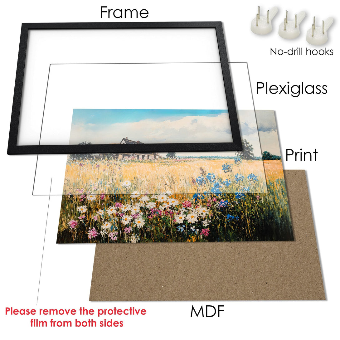 Framed Poster of a vibrant floral landscape with a warm color palette. Perfect art for your home!