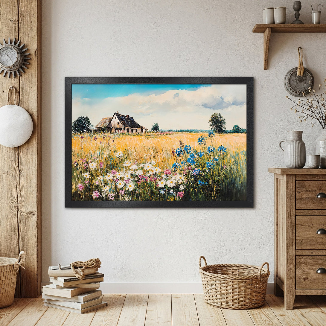 Framed Poster of a serene landscape painting, featuring a farmhouse and wildflowers. Warm, natural color palette. Perfect wall art.