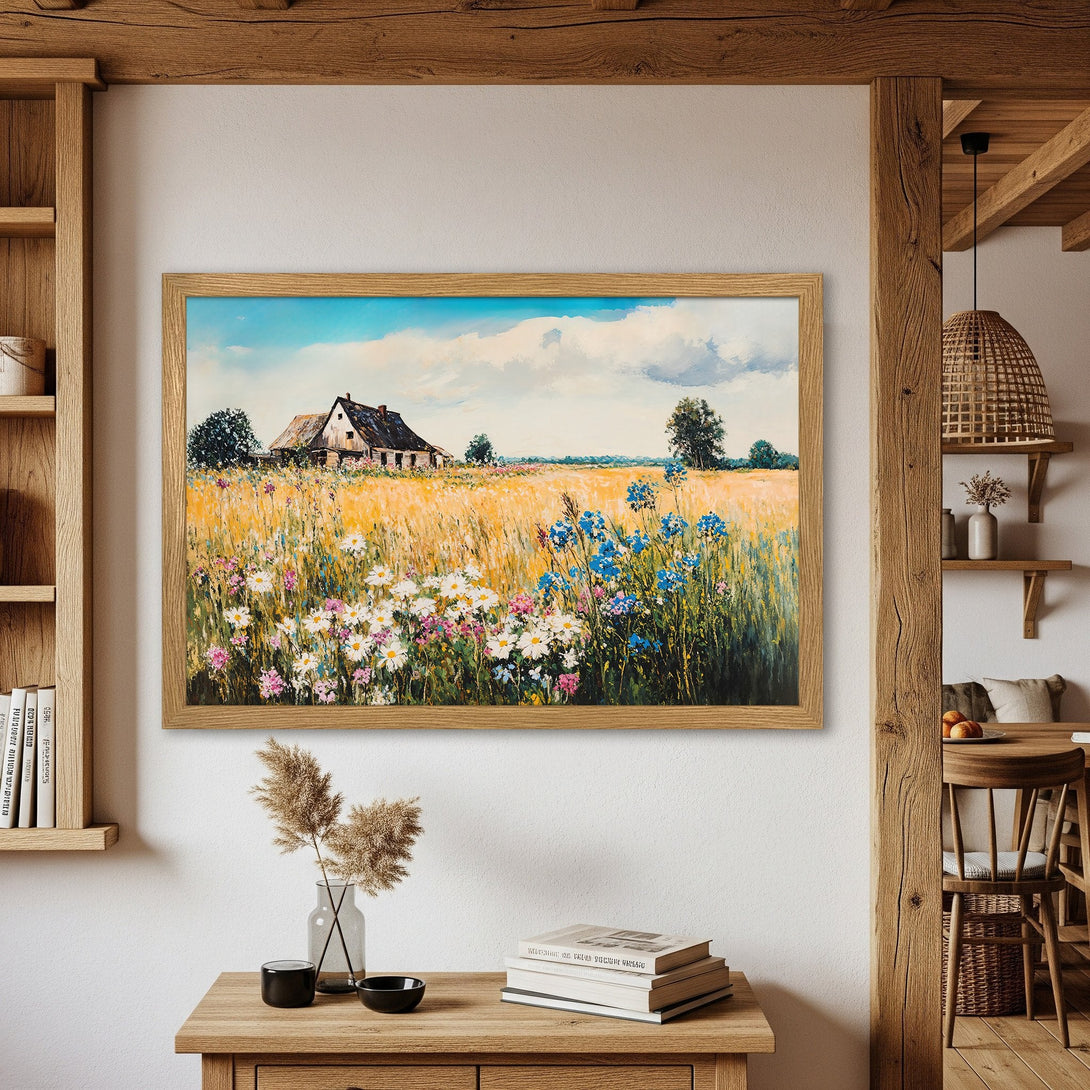 Framed Poster of a rustic landscape painting with a barn, wildflowers, and a warm color palette. Perfect wall art for any home.