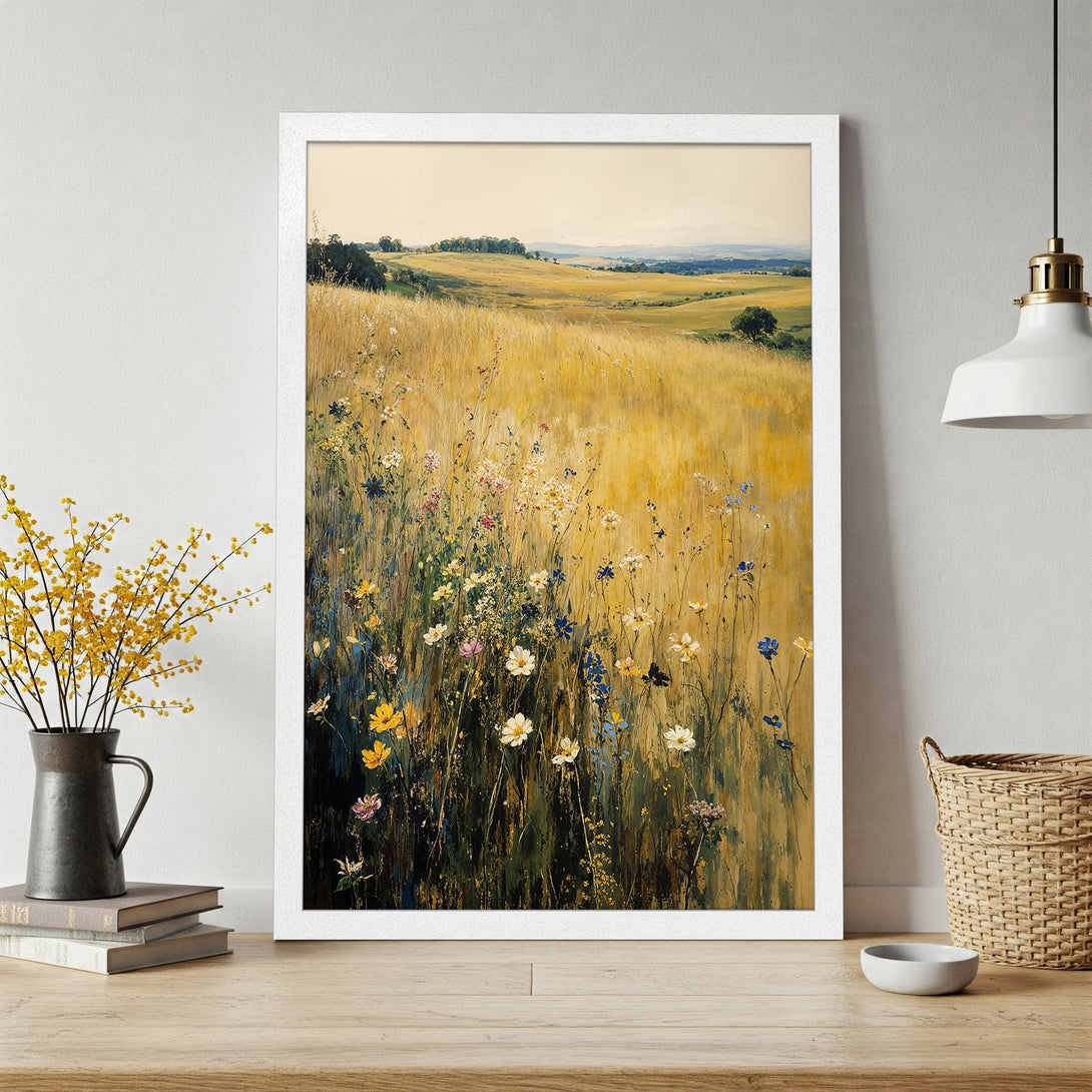 Framed Poster of a serene field landscape painting. Warm yellow, green, and blue hues create a calming, artistic aesthetic for your home.