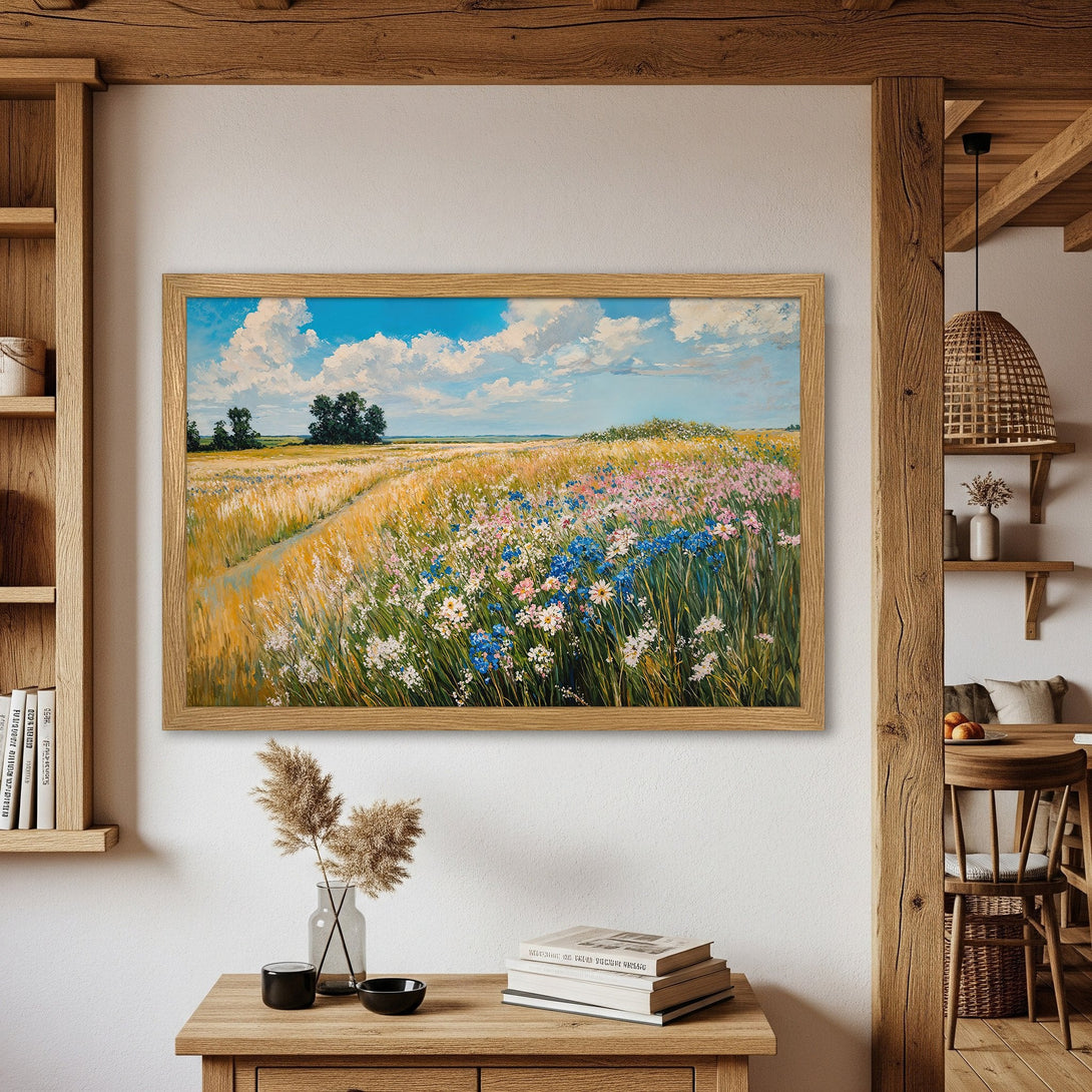 Framed Poster of a vibrant field of wildflowers, impressionistic style, with a warm, inviting color palette. Perfect wall art!