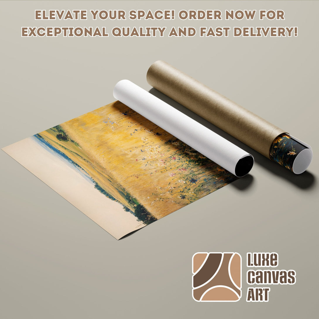 Poster roll with landscape art, warm yellow and blue tones. Elevate your space with our stunning poster!