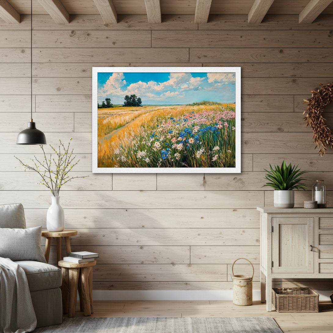 Framed Poster of a vibrant field landscape, impressionist style, featuring warm yellows, blues, and pinks. Perfect wall art for a cozy home.