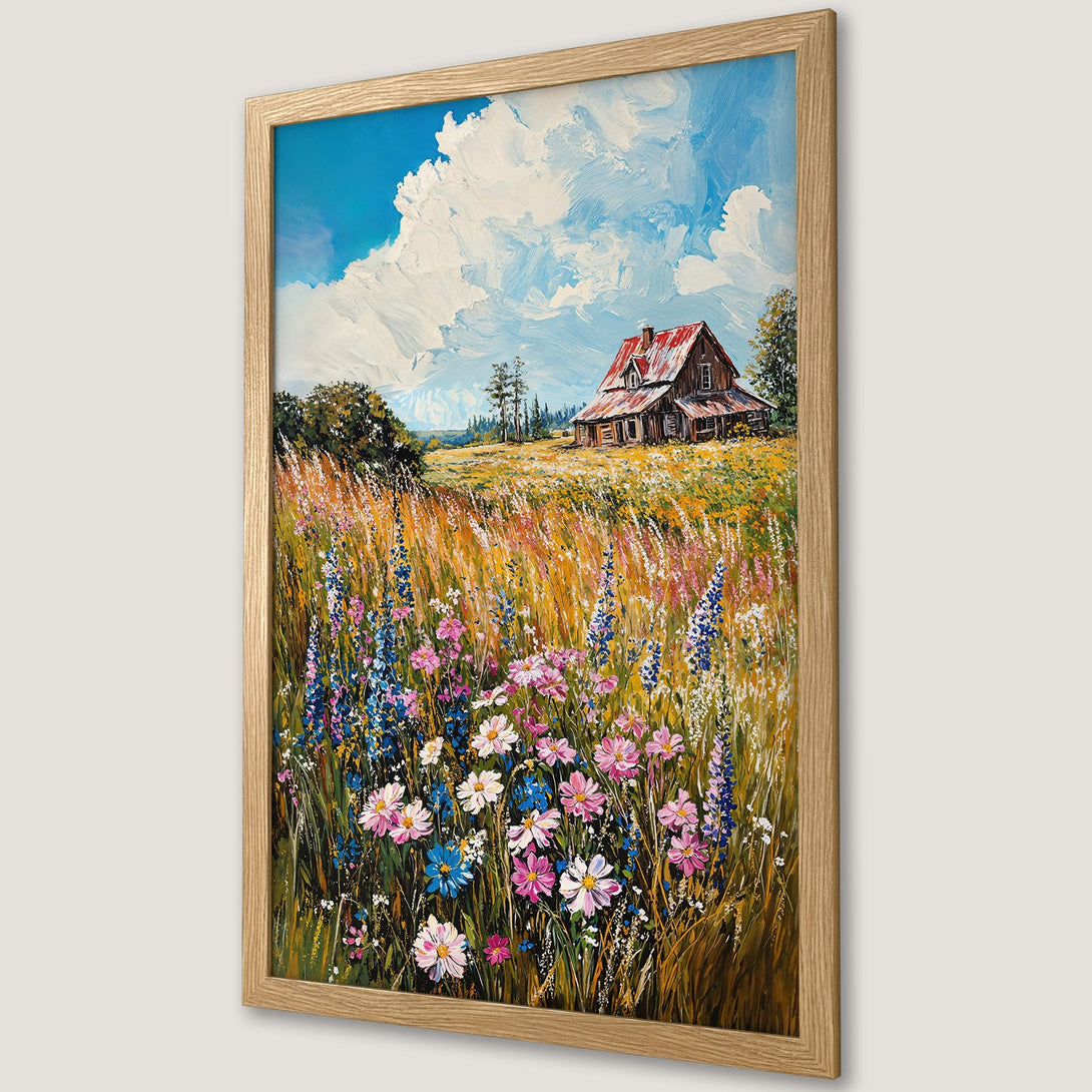 Framed Poster featuring a rustic farmhouse painting in impressionistic style with a vibrant floral and blue sky color palette.