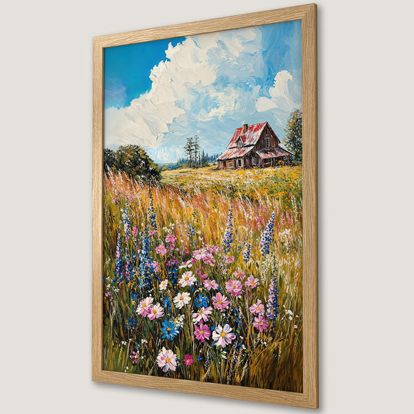 Framed Poster featuring a rustic farmhouse painting in impressionistic style with a vibrant floral and blue sky color palette.