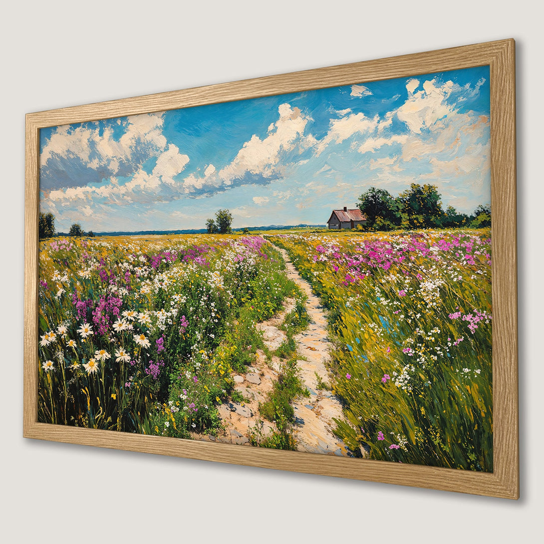 Framed Poster of a vibrant landscape painting. Featuring a field of flowers, blue sky, and a path. Impressionistic style, warm color palette.