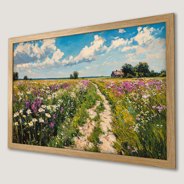 Framed Poster of a vibrant landscape painting. Featuring a field of flowers, blue sky, and a path. Impressionistic style, warm color palette.