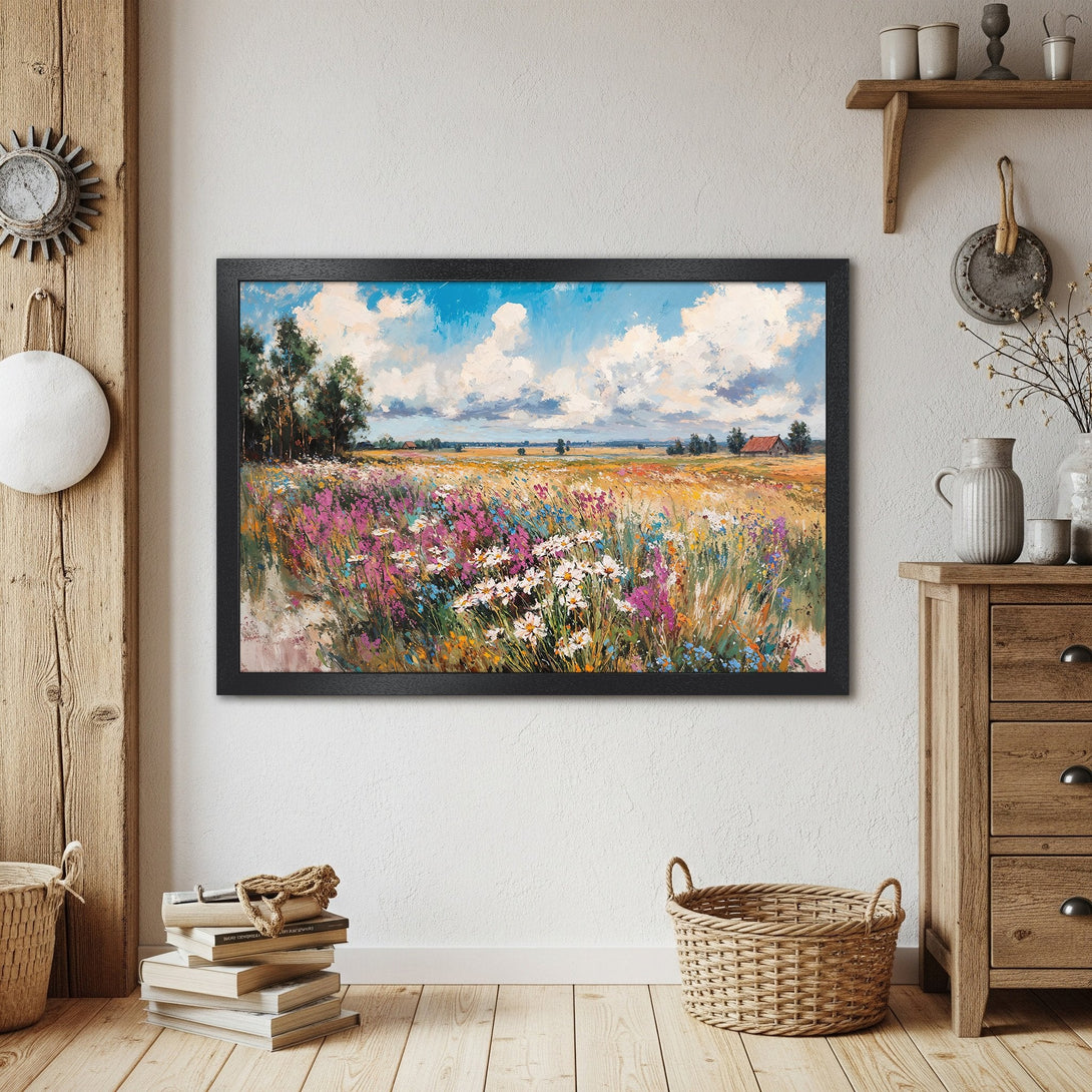 Framed Poster of a vibrant landscape painting with a colorful field and blue sky. Impressionist style, warm color palette.