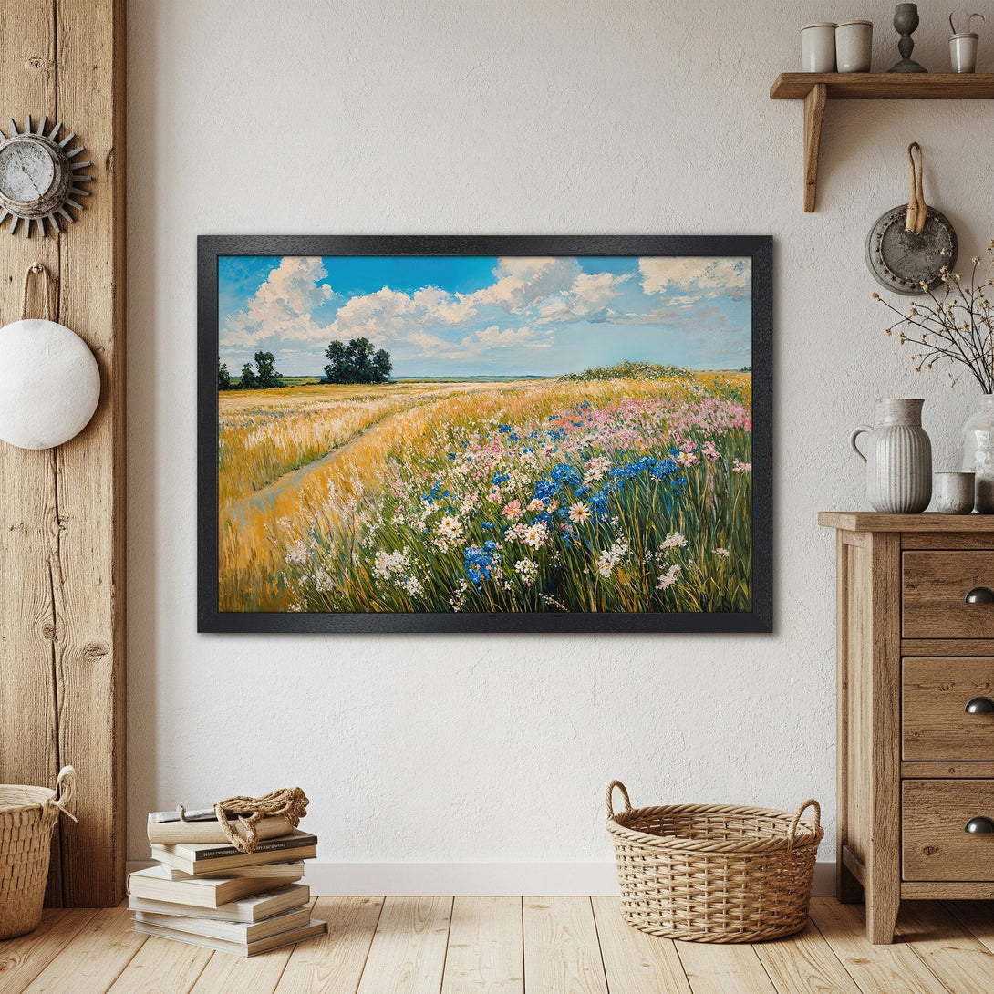 Framed Poster of a vibrant wildflower field painting. Impressionistic style with warm yellows, blues, and pinks. Perfect for home decor.