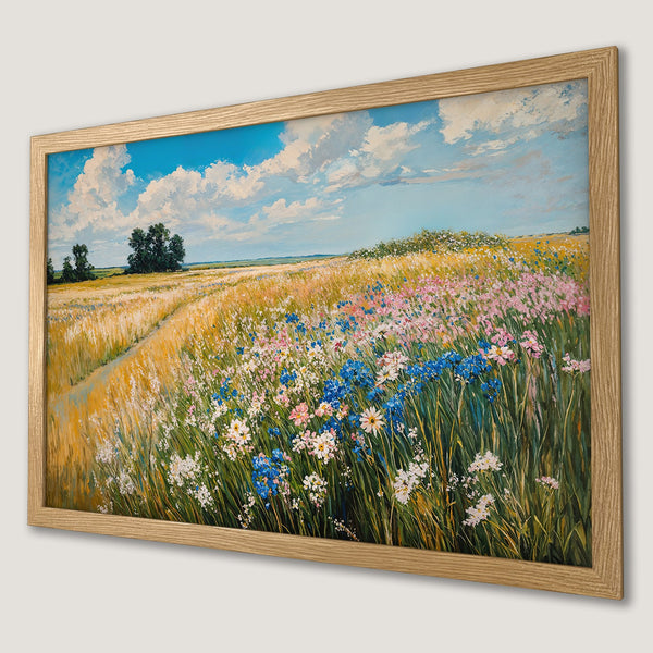 Framed Poster of a vibrant field of wildflowers. Impressionistic style with blue, yellow, pink, and green color palette. Perfect wall art.