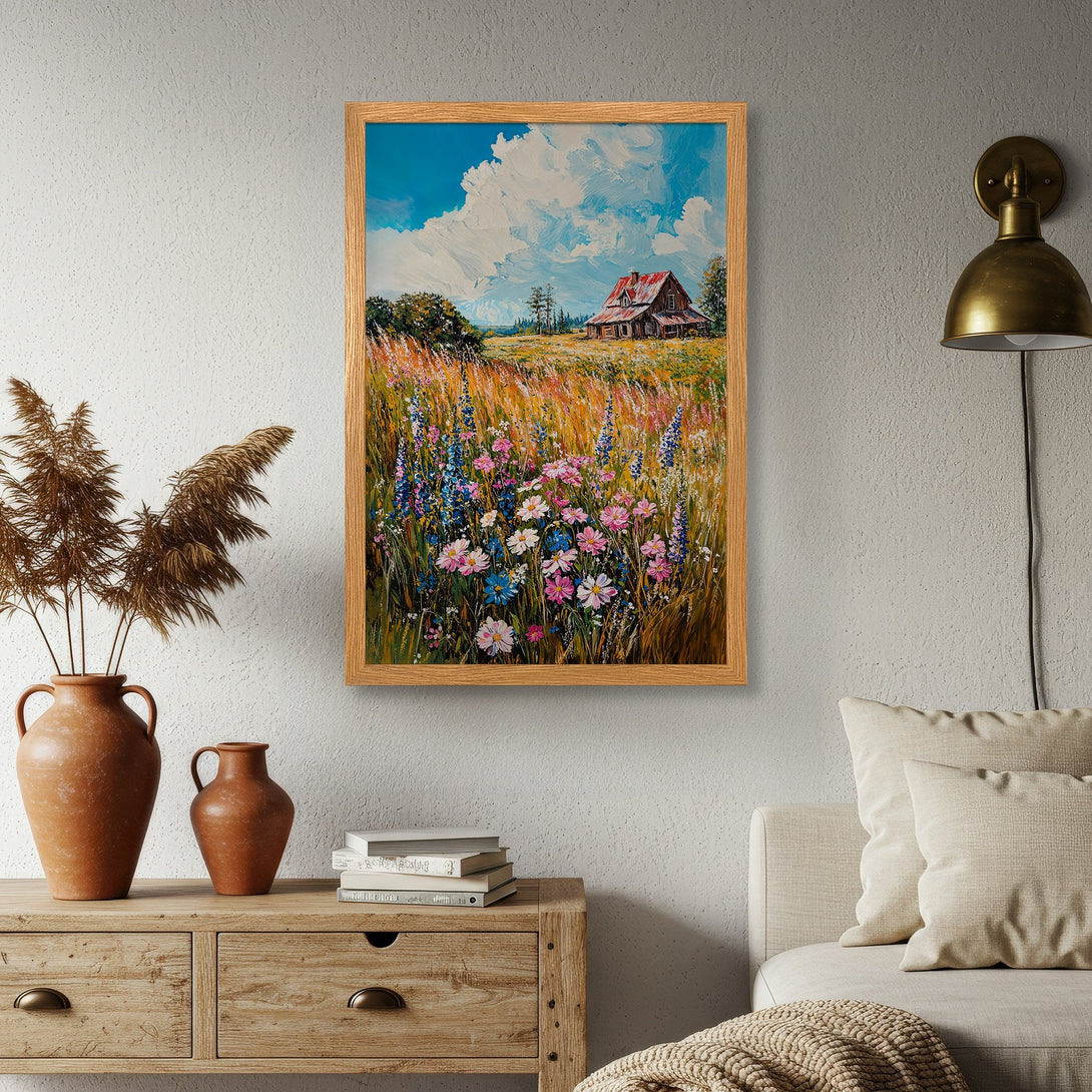 Framed Poster featuring a vibrant countryside scene with a rustic cabin, painted in an impressionistic style with warm, earthy tones. Perfect wall art!