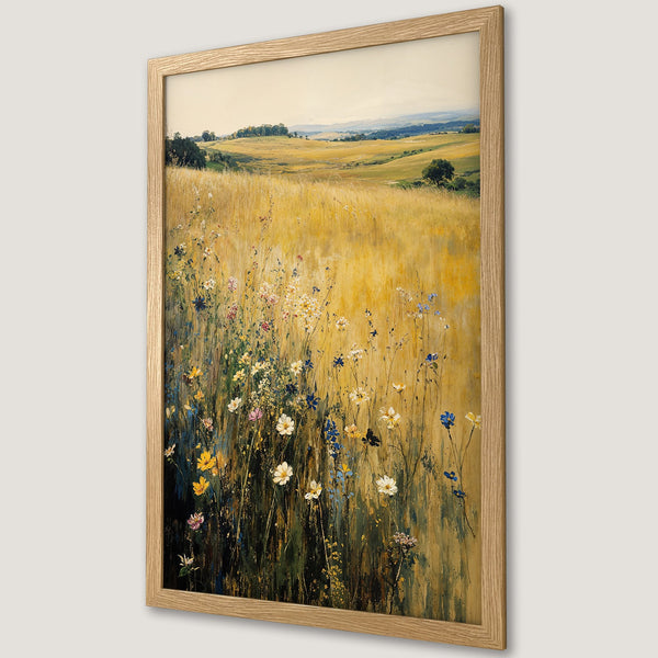 Framed Poster of a serene field landscape. Impressionistic style with a warm yellow and blue color palette, perfect for home decor.