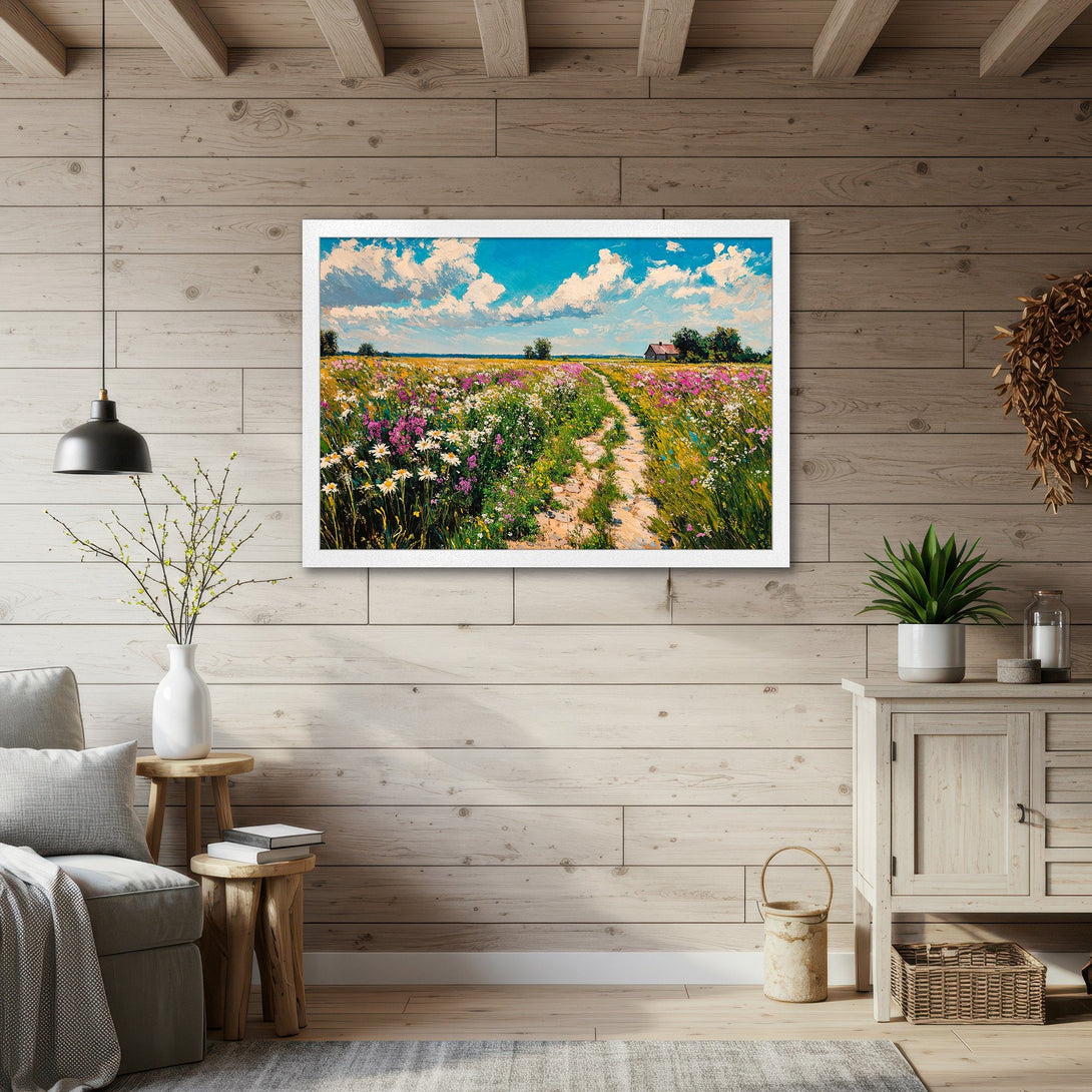 Framed Poster of a vibrant field painting with blue sky, impressionistic style, and colorful palette. Perfect wall art!