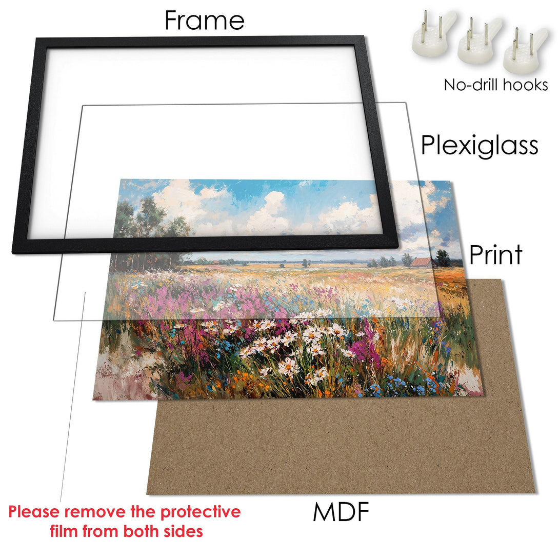 Framed Poster of a vibrant field landscape painting. Features a black frame, with a colorful palette of blues, yellows, and pinks. Perfect wall art!