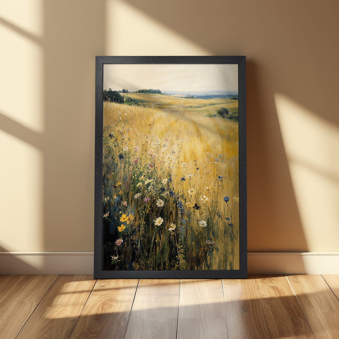 Framed Poster featuring a vibrant field of wildflowers. Impressionistic style with warm yellow and blue hues. Perfect wall art!
