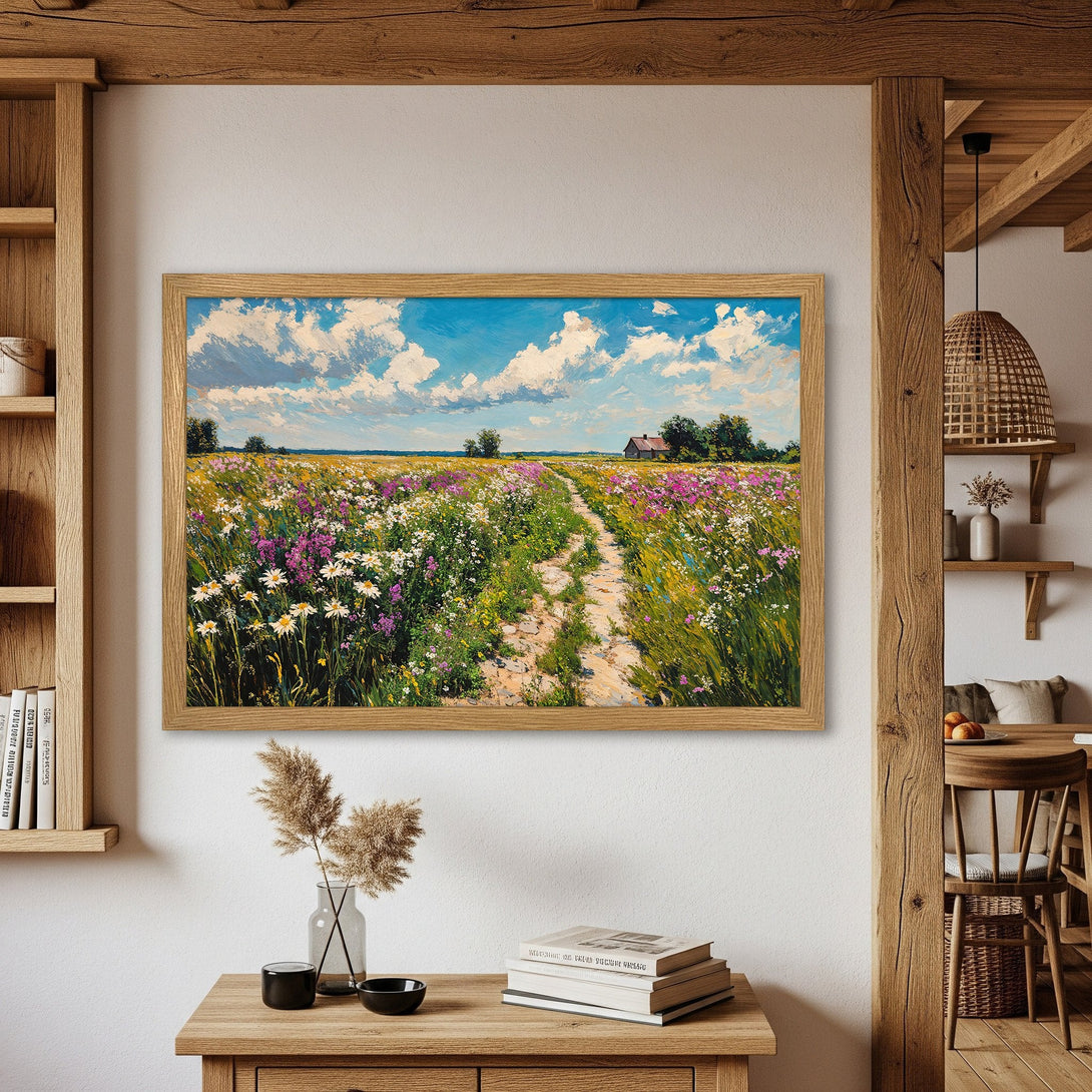 Framed Poster of a vibrant meadow landscape painting. Impressionistic style, featuring a blue sky and colorful wildflowers.
