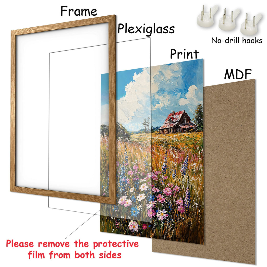 Framed Poster of a rustic landscape painting with a warm color palette. Perfect wall art for any home.