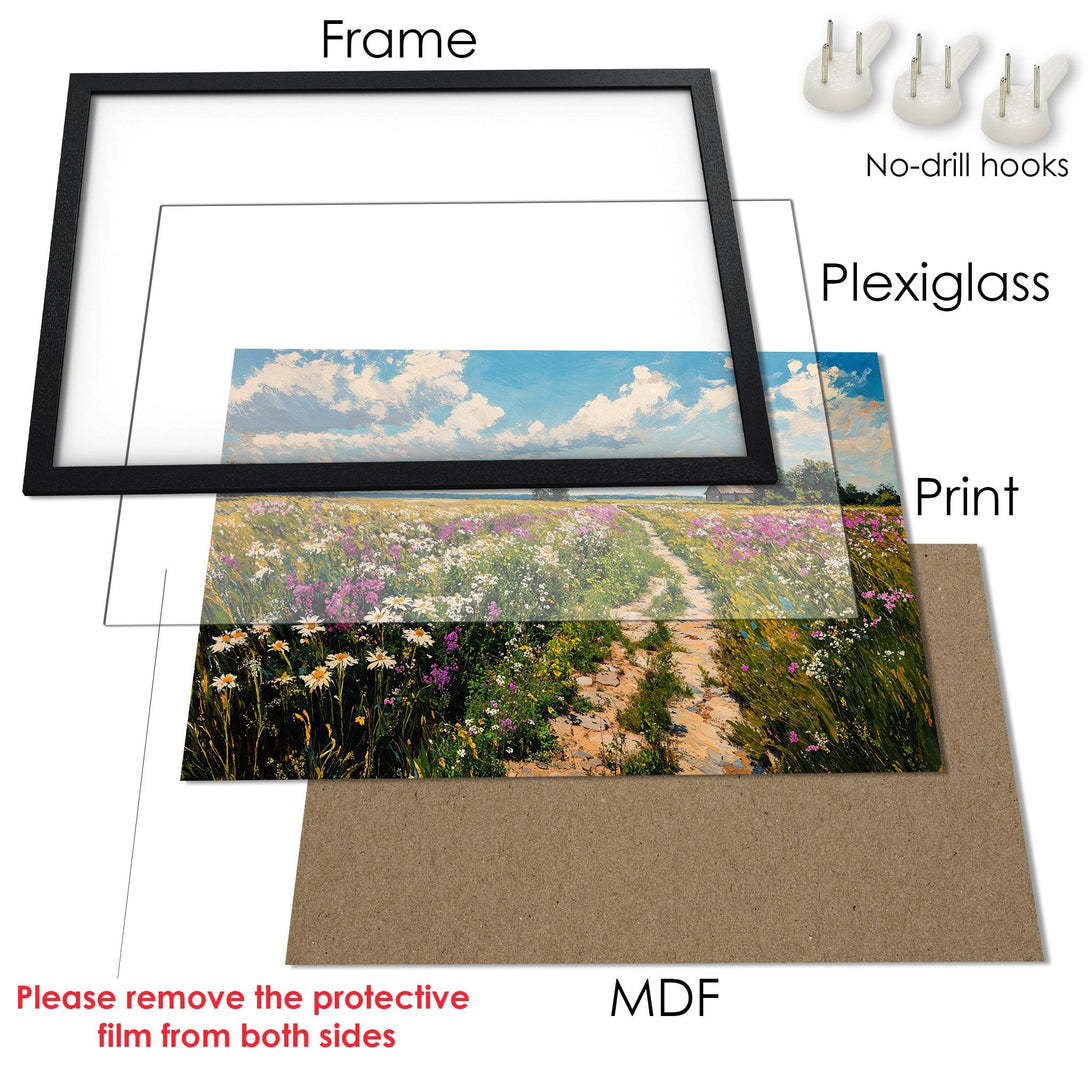 Framed Poster of a vibrant field landscape painting, featuring a path, blue sky, and colorful wildflowers. A beautiful, ready-to-hang art piece.