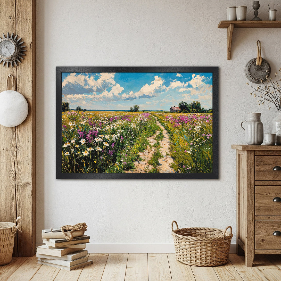 Framed Poster: Meadow landscape art print, impressionist style, vibrant colors, perfect wall decor.