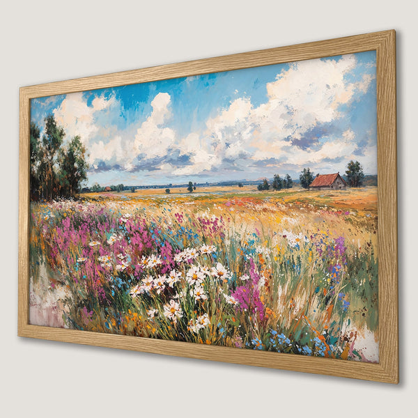 Framed Poster of a vibrant landscape painting with wildflowers, blue sky, and warm color palette.