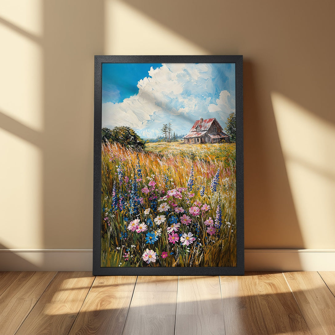 Framed Poster featuring a vibrant landscape painting of a field of flowers and a rustic barn, with a warm, colorful palette.