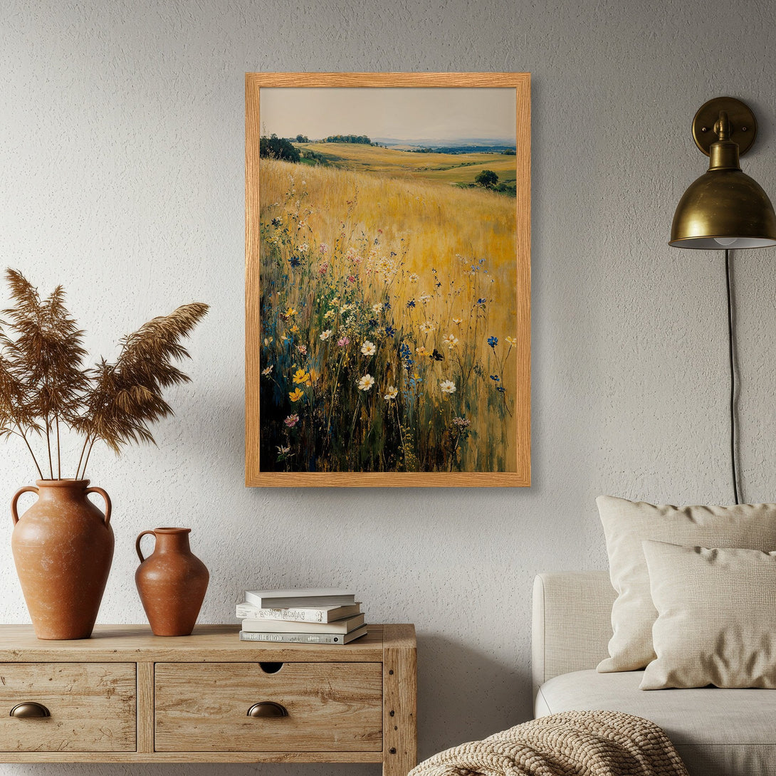 Framed Poster of a serene landscape with wildflowers, warm yellow and green hues, perfect wall art for a cozy home.