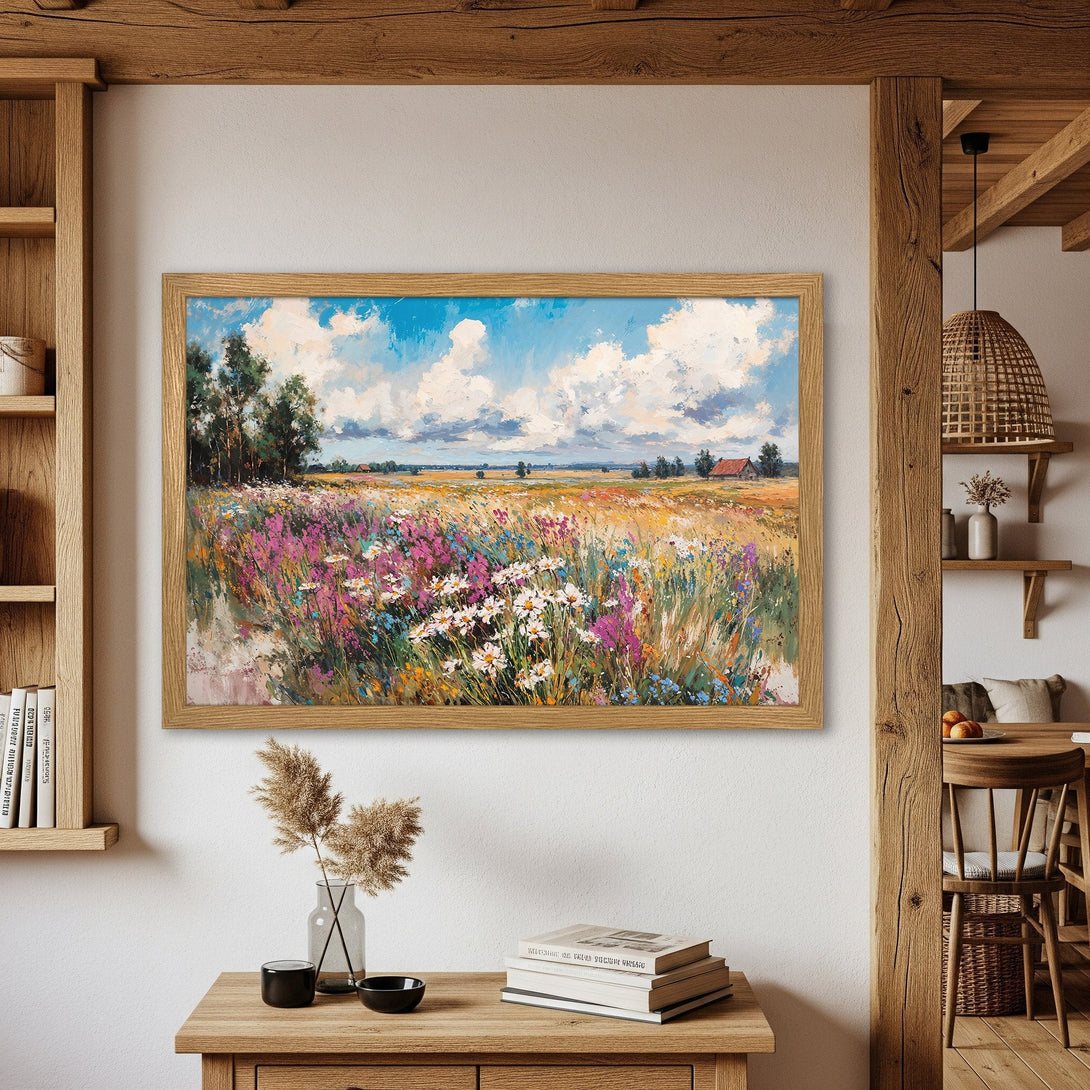 Framed Poster of a vibrant landscape painting. Impressionistic style with a colorful palette of blues, greens, and yellows. Perfect wall art!