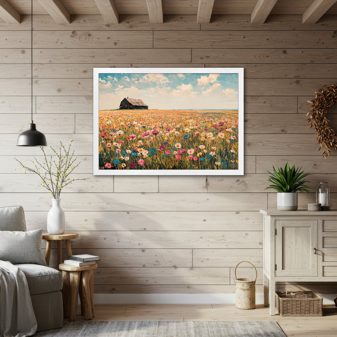 Framed Poster of a barn in a colorful wildflower field. Rustic art style with warm, inviting color palette. Perfect for home decor.