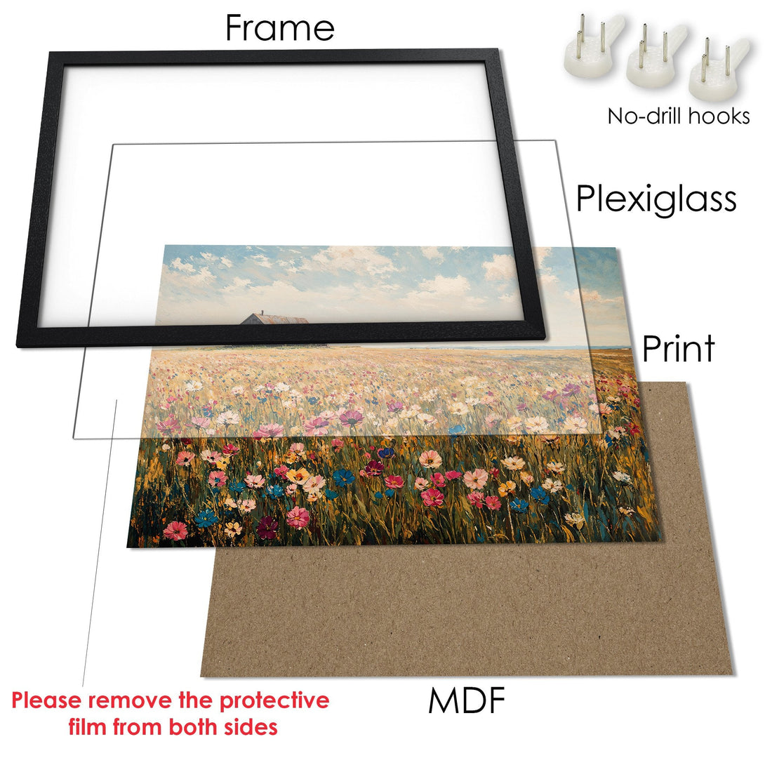 Framed Poster featuring a vibrant field of flowers in a painterly style with a warm, colorful palette. Ready to hang!