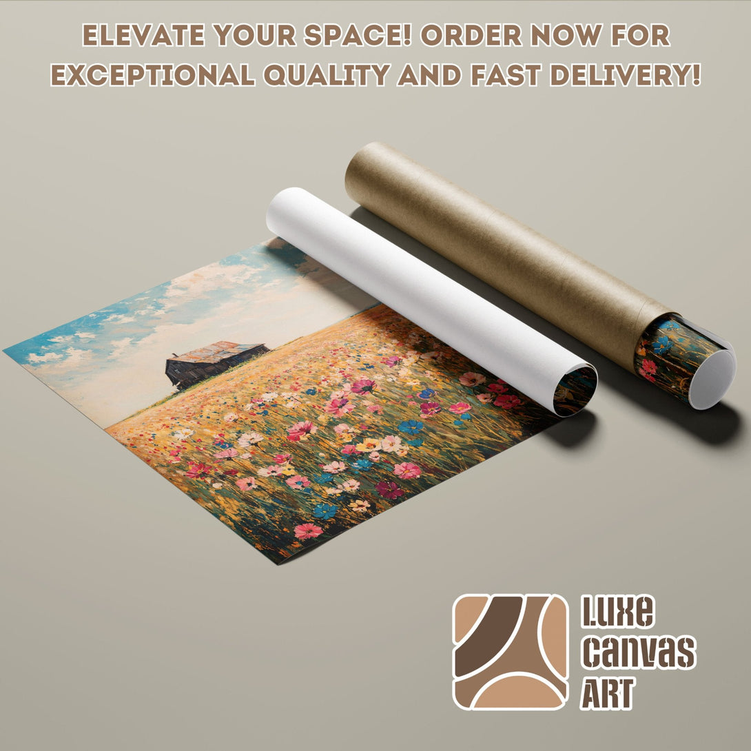 Poster Roll featuring a colorful field painting, warm tones. Elevate your space with this beautiful art!