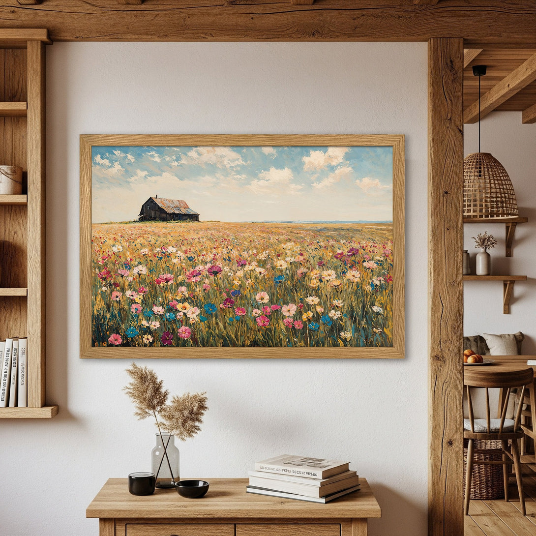 Framed Poster featuring a vibrant field of flowers and a rustic barn, painted in a colorful, impressionistic style. Warm, earthy tones.