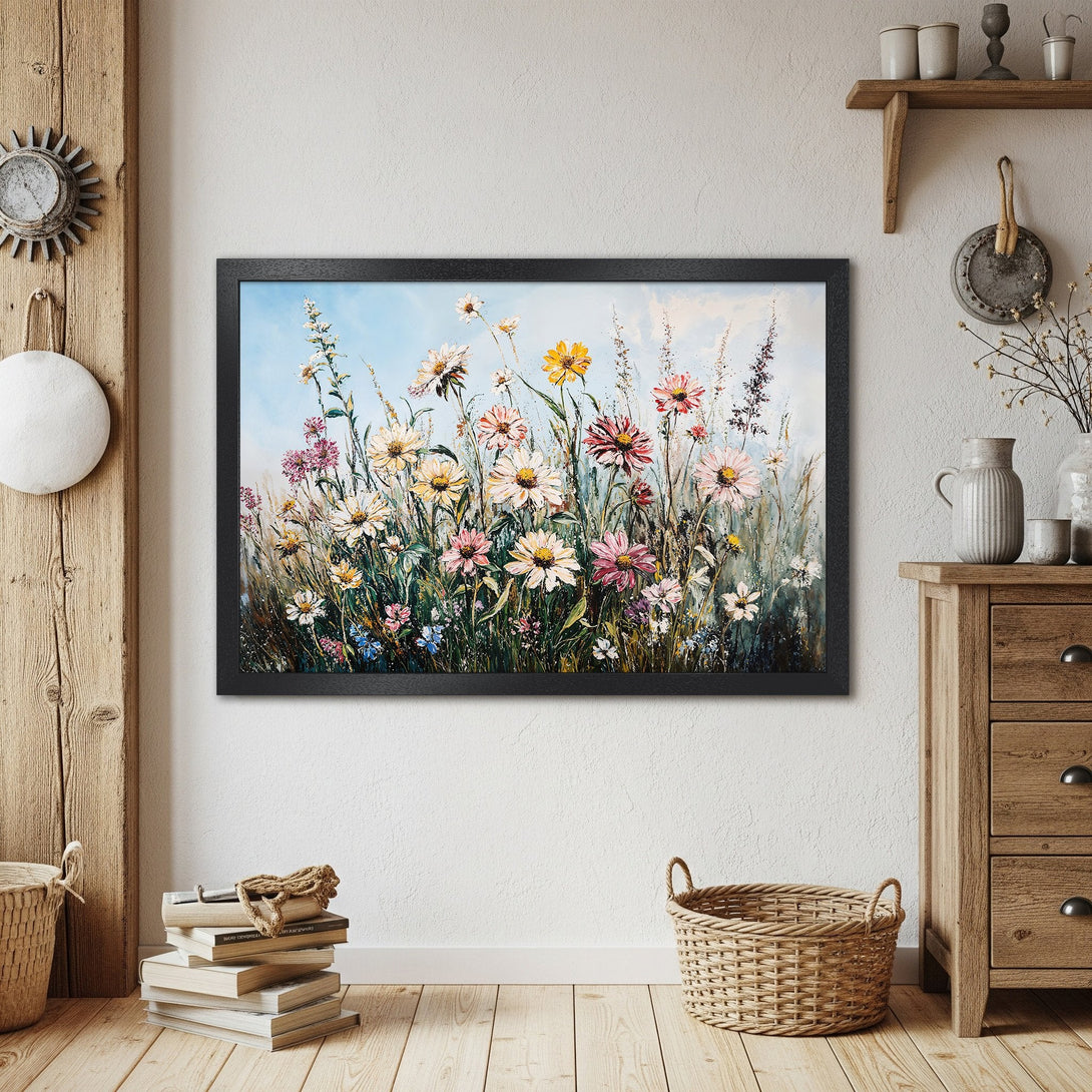Framed Poster of wildflowers in a rustic style, featuring a vibrant color palette of pinks, yellows, and blues.