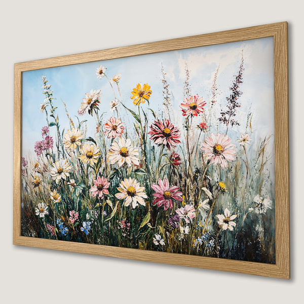 Framed Poster of vibrant wildflowers in impressionist style, with a colorful palette of pinks, yellows, and greens.