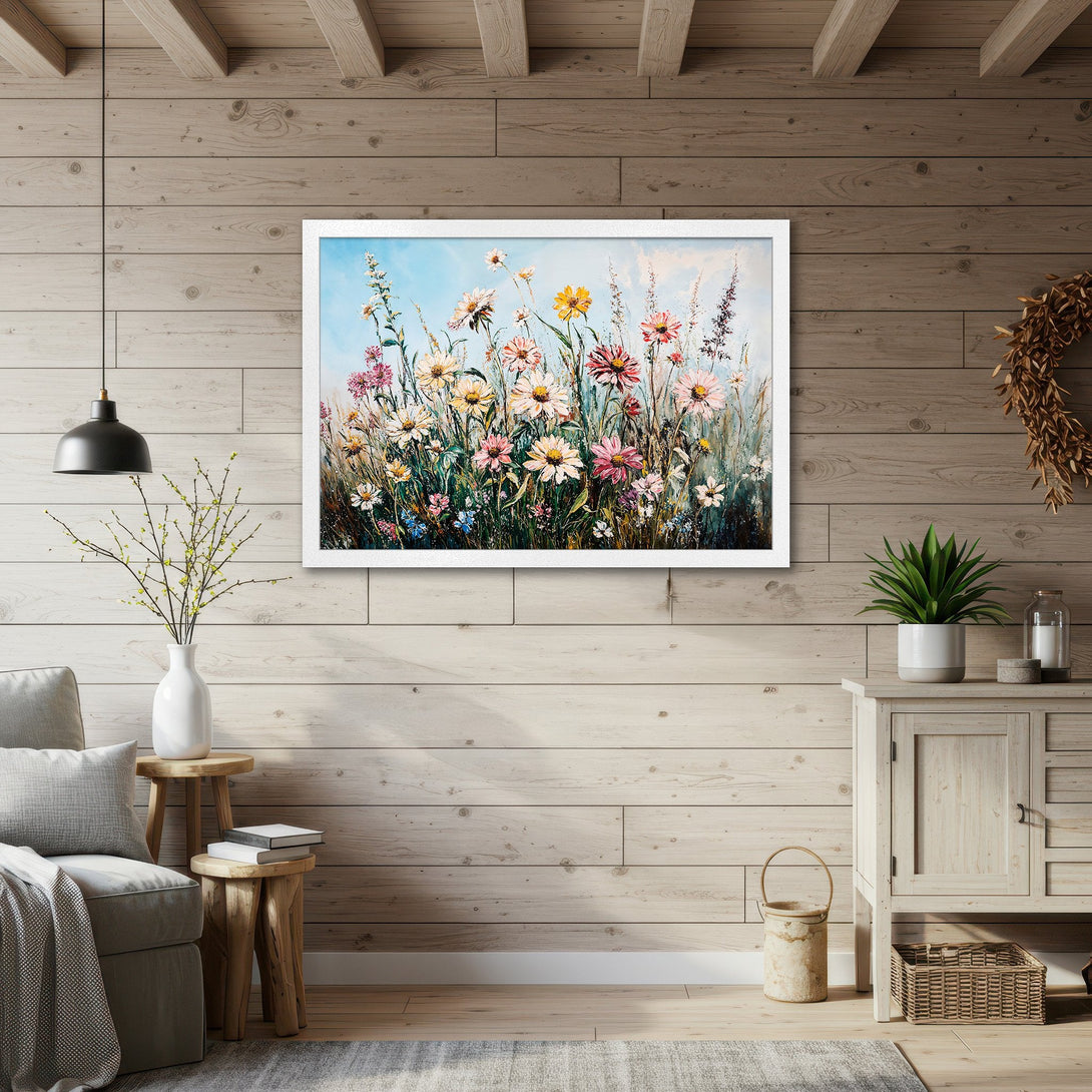 Framed Poster featuring a vibrant floral meadow painting in a colorful palette, perfect for adding a touch of nature to your home decor.