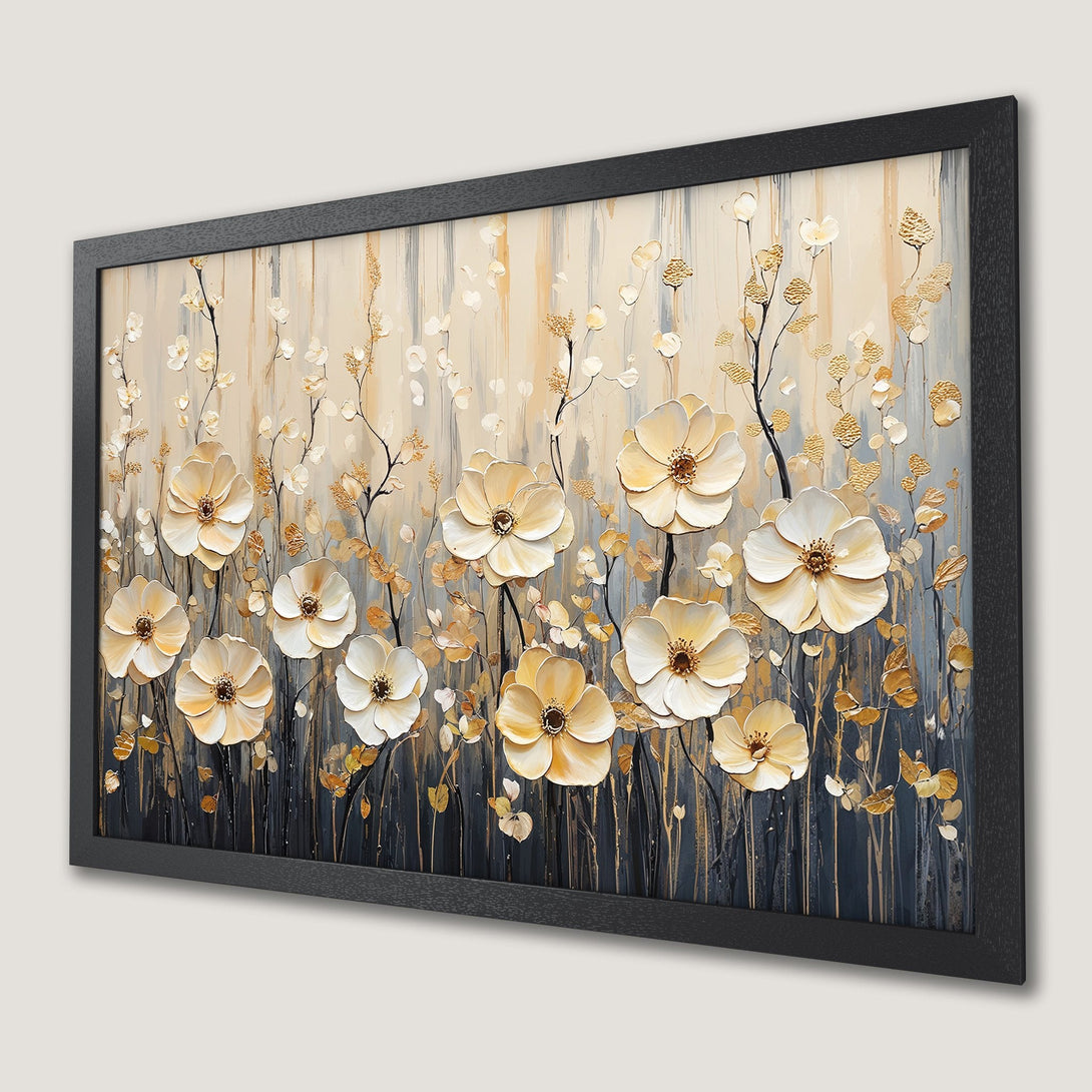 Framed Poster featuring elegant white and gold floral art with a textured style, set against a neutral color palette. Perfect wall decor.