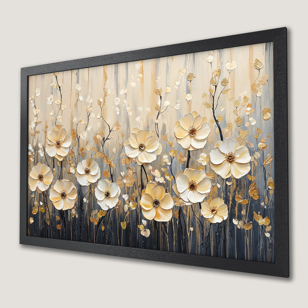 Framed Poster featuring elegant white and gold floral art with a textured style, set against a neutral color palette. Perfect wall decor.