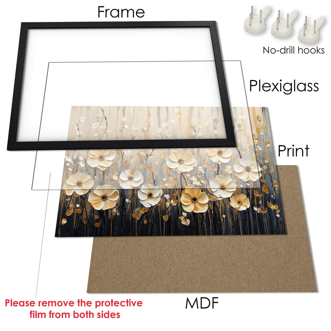 Framed Poster featuring floral art in a neutral color palette. Elegant wall decor for living rooms and bedrooms.