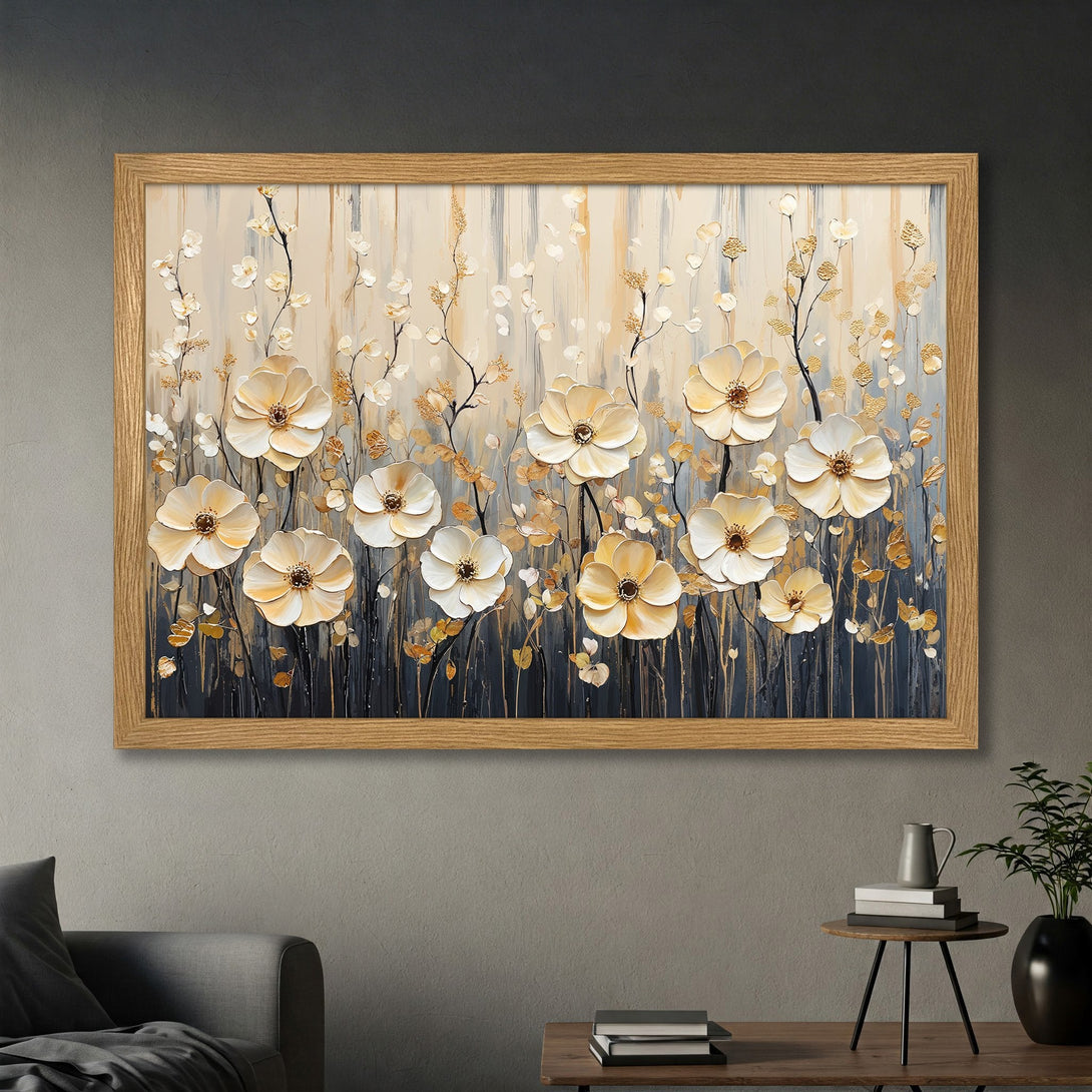 Framed Poster featuring floral art in a modern style with a neutral and gold color palette. Perfect wall decor!