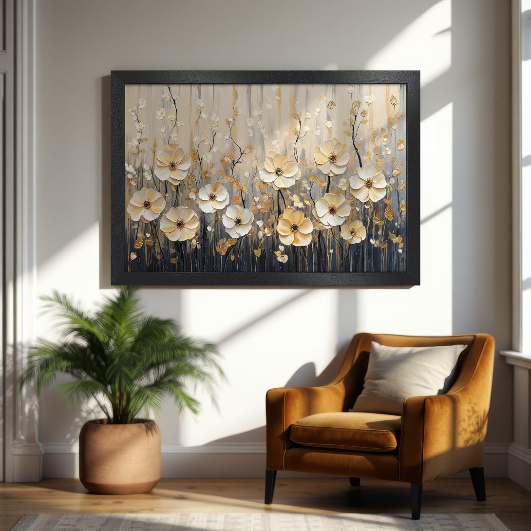 Framed Poster featuring floral artwork in neutral tones. Elegant home decor with a touch of gold. Perfect for living rooms and bedrooms.