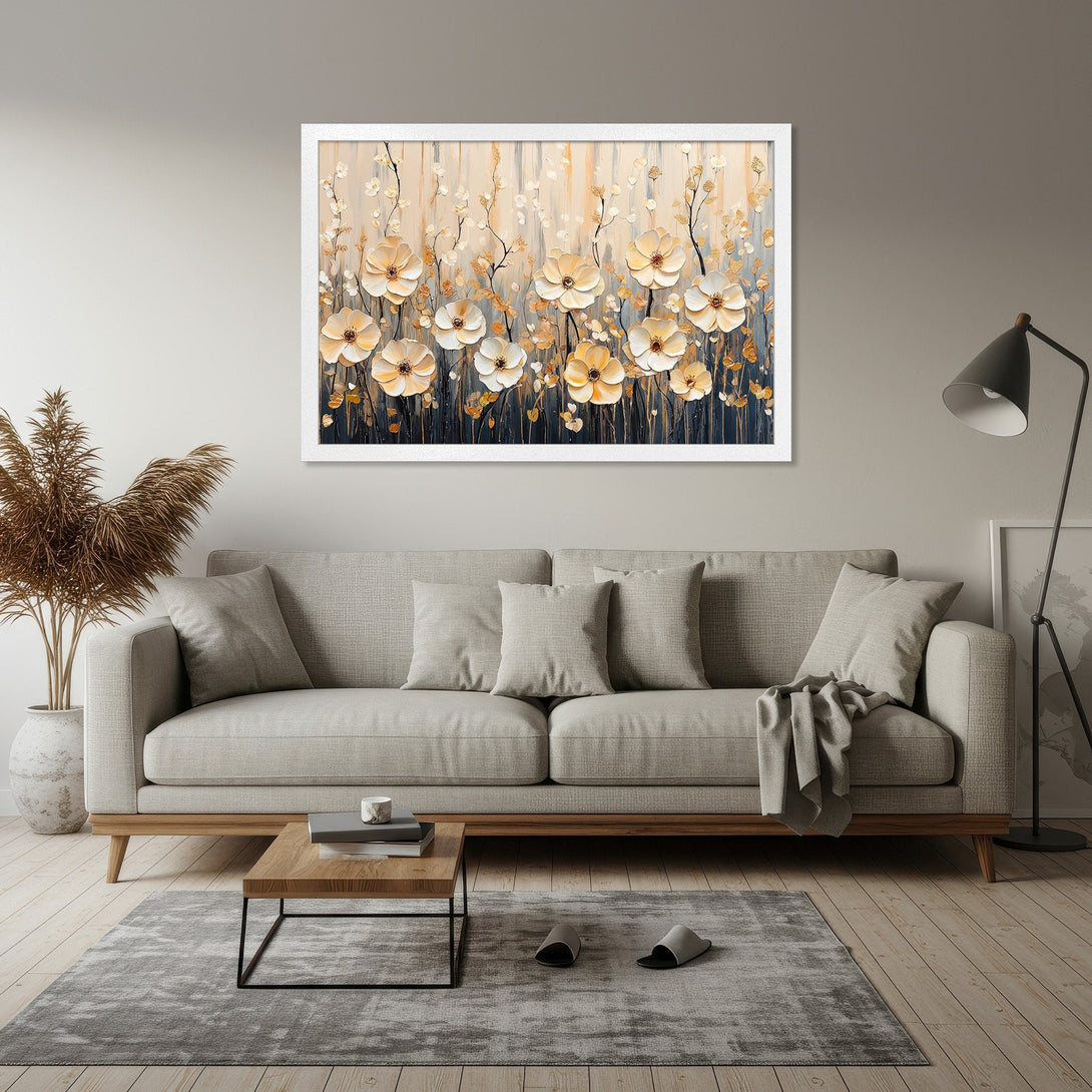 Framed Poster featuring elegant floral art in a neutral color palette. Perfect for adding a touch of sophistication to any space.