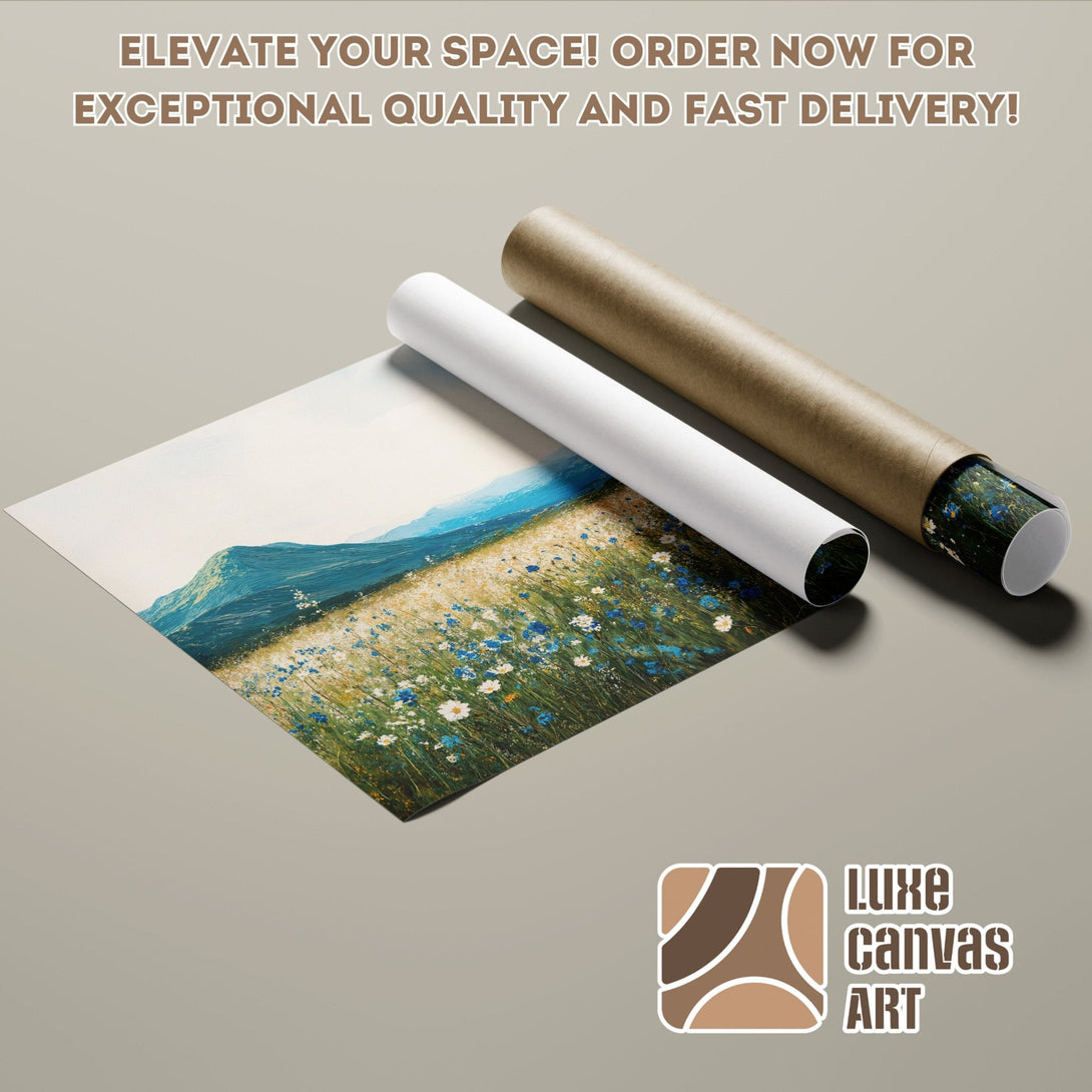 Poster Roll of a landscape painting with blue and green hues, artistic style.