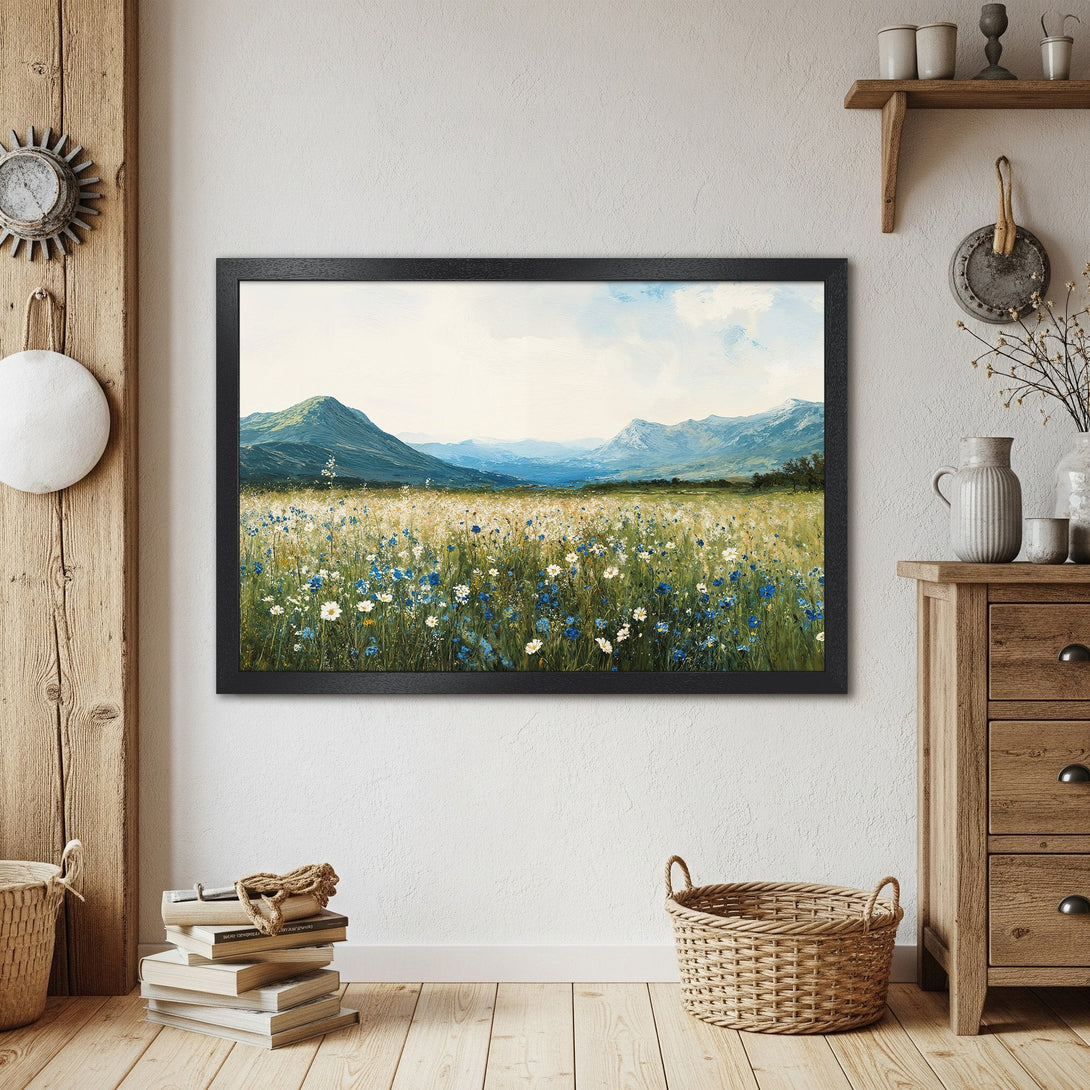 Framed Poster of a serene mountain meadow landscape, featuring soft blues, greens, and yellows. Perfect wall art for any home.