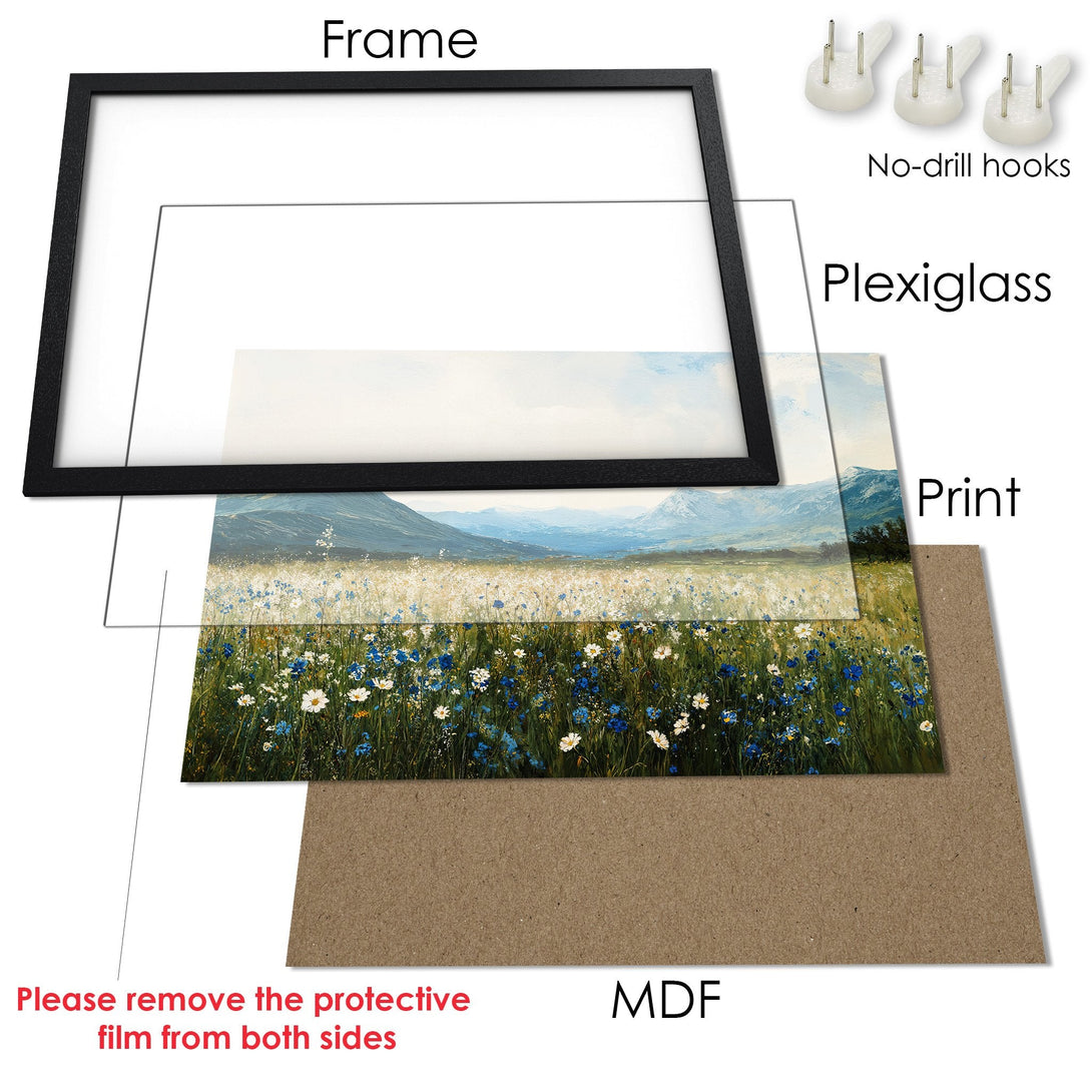 Framed Poster of a wildflower meadow in a black frame, with blue, white, and green hues. Perfect wall art for any space!