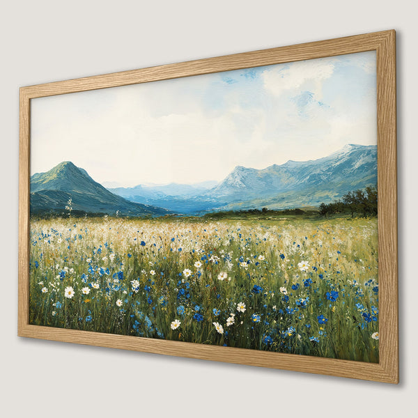 Framed Poster of a serene mountain landscape with wildflowers. Impressionistic style, featuring blue, green, and white hues. Add nature to your space!