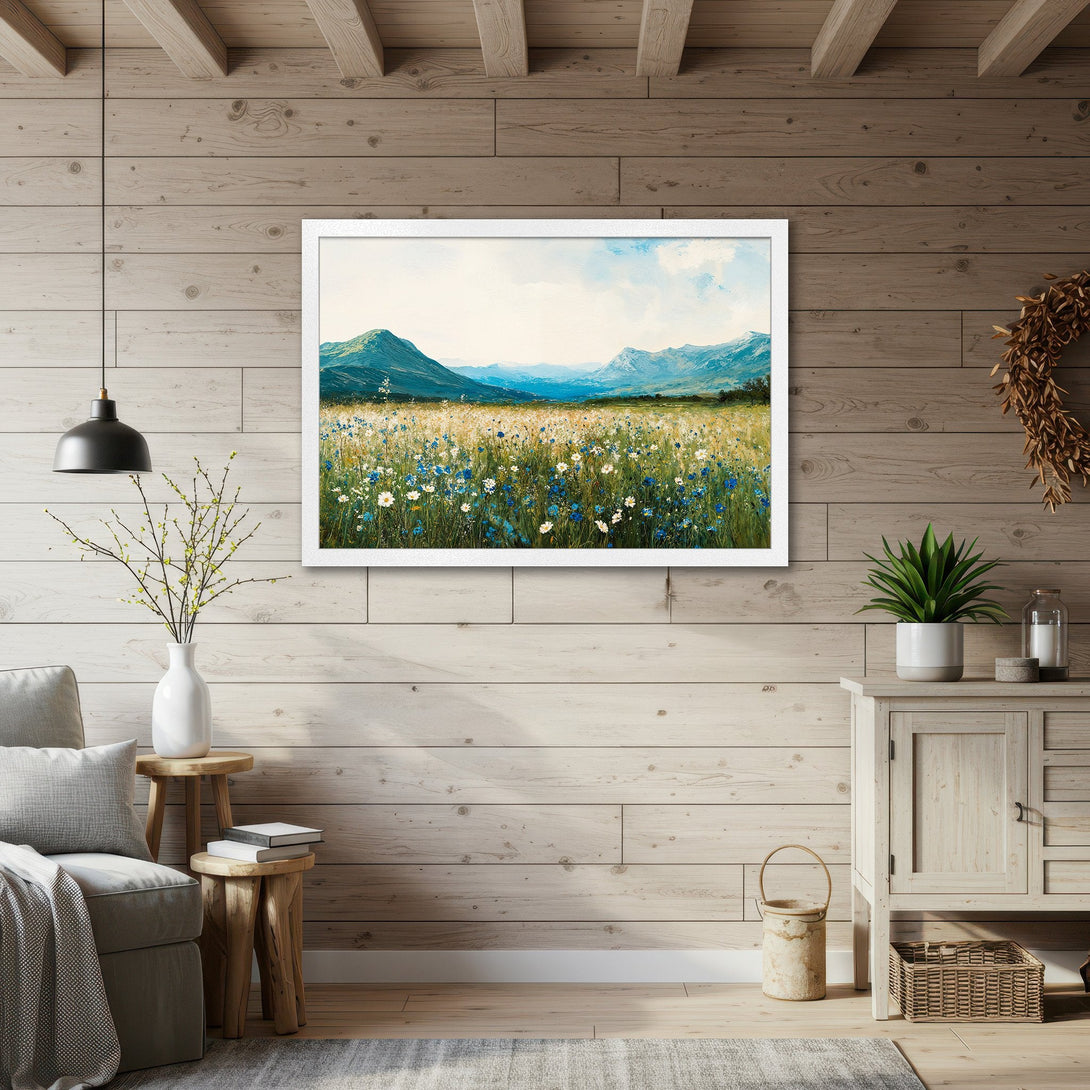 Framed Poster of a vibrant meadow landscape with blue and green hues, perfect for adding a touch of nature-inspired art to your home.