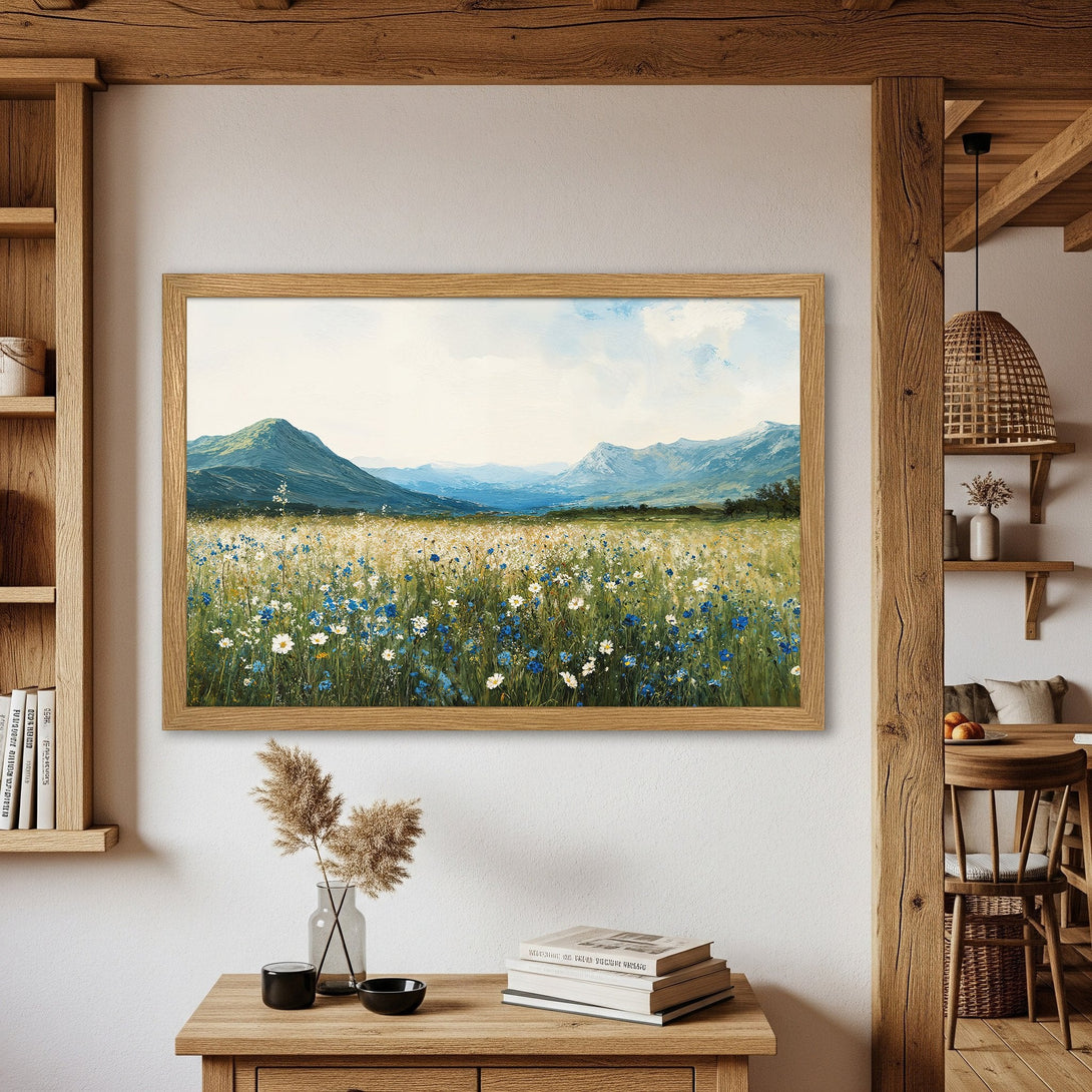 Framed Poster of a serene landscape painting with a meadow and mountains. Soft, natural color palette. Perfect wall art for any home.