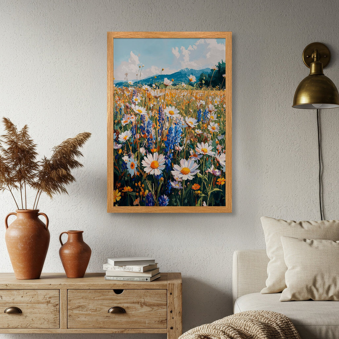 Framed Poster featuring a vibrant wildflower meadow painting. Impressionistic style with a warm, natural color palette. Perfect wall art!